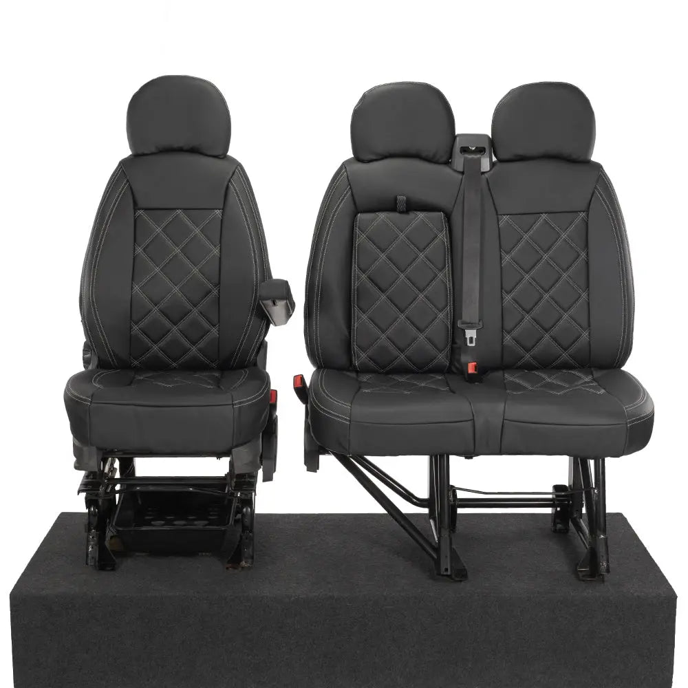 Peugeot Boxer Leatherette Double Diamond Bentley Stitch Front Seat Covers (with tray) 2006-2022 Black - UK Custom Covers