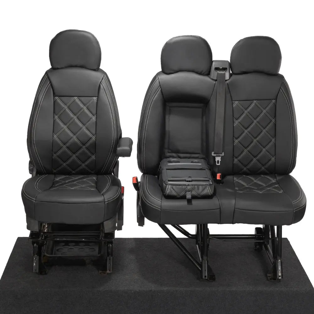 Peugeot Boxer Leatherette Double Diamond Bentley Stitch Front Seat Covers (with tray) 2006-2022 Black - UK Custom Covers