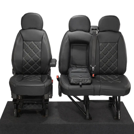 Peugeot Boxer Leatherette Double Diamond Bentley Stitch Front Seat Covers (with tray) 2006-2022 Black - UK Custom Covers