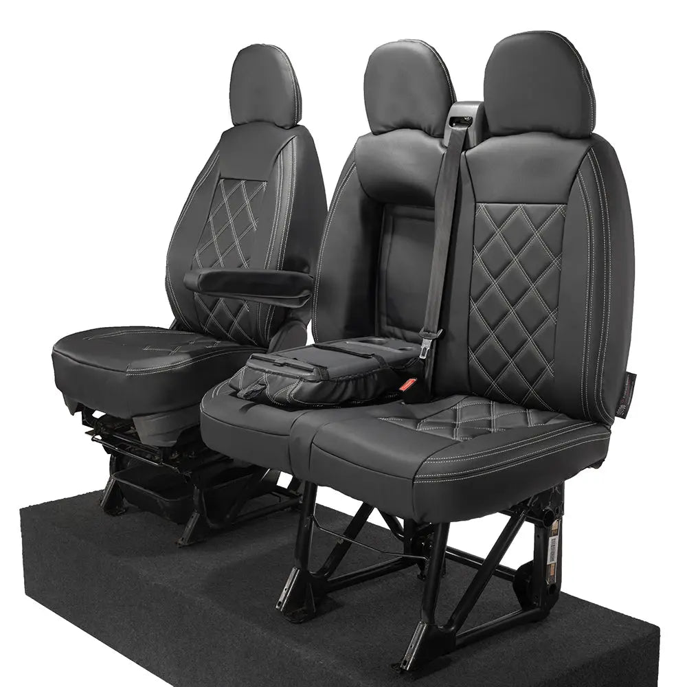 Peugeot Boxer Leatherette Double Diamond Bentley Stitch Front Seat Covers (with tray) 2006-2022 Black - UK Custom Covers