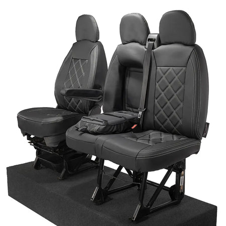 Peugeot Boxer Leatherette Double Diamond Bentley Stitch Front Seat Covers (with tray) 2006-2022 Black - UK Custom Covers
