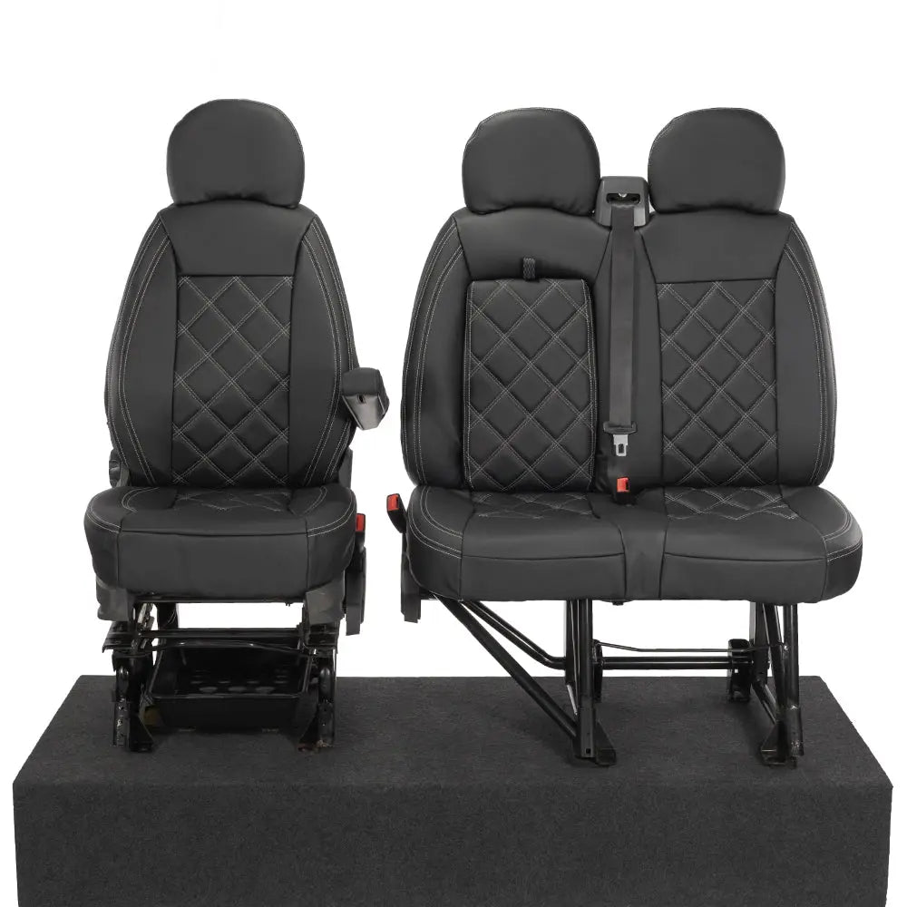 Peugeot Boxer Leatherette Double Diamond Bentley Stitch Front Seat Covers (with tray) 2006-2022 Black - UK Custom Covers