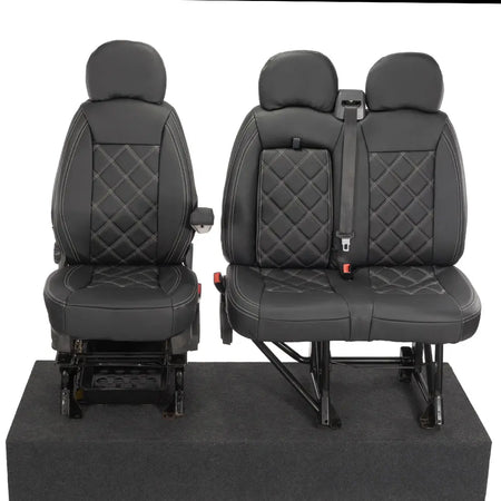 Peugeot Boxer Leatherette Double Diamond Bentley Stitch Front Seat Covers (with tray) 2006-2022 Black - UK Custom Covers