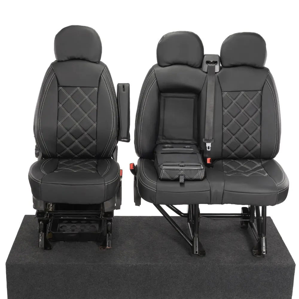 Peugeot Boxer Leatherette Double Diamond Bentley Stitch Front Seat Covers (with tray) 2006-2022 Black - UK Custom Covers