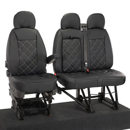 Peugeot Boxer Leatherette Double Diamond Bentley Stitch Front Seat Covers (with tray) 2006-2022 Black - UK Custom Covers