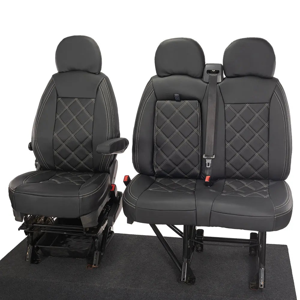 Peugeot Boxer Leatherette Double Diamond Bentley Stitch Front Seat Covers (with tray) 2006-2022 Black - UK Custom Covers
