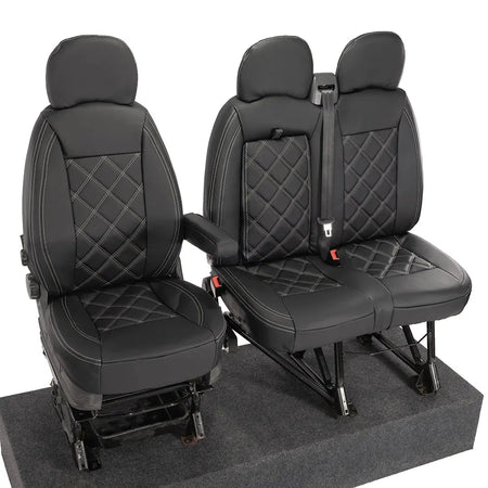 Peugeot Boxer Leatherette Double Diamond Bentley Stitch Front Seat Covers (with tray) 2006-2022 Black - UK Custom Covers