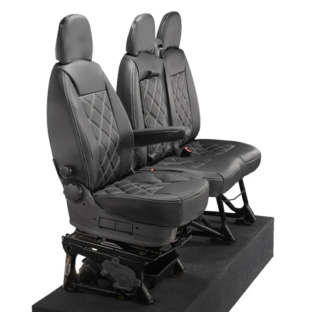 Peugeot Boxer Leatherette Double Diamond Bentley Stitch Front Seat Covers (with tray) 2006-2022 Black - UK Custom Covers