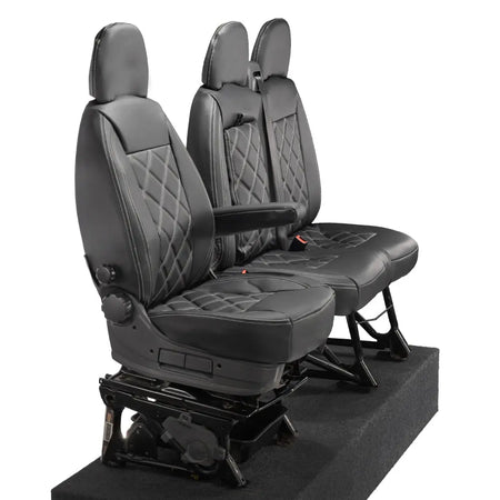 Peugeot Boxer Leatherette Double Diamond Bentley Stitch Front Seat Covers (with tray) 2006-2022 Black - UK Custom Covers