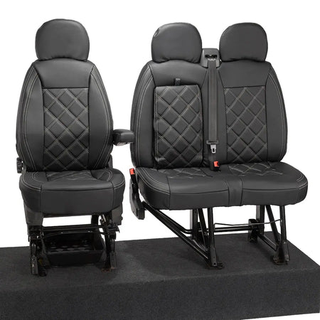 Peugeot Boxer Leatherette Double Diamond Bentley Stitch Front Seat Covers (with tray) 2006-2022 Black - UK Custom Covers
