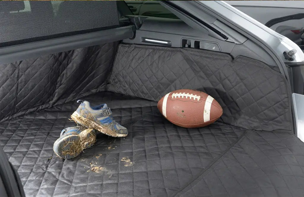 Quilted boot liner with muddy kids shoes and rugby ball