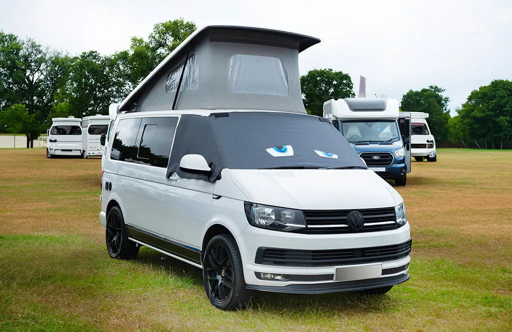VW T6 grey windscreen cover with heatpress Dozy eyes on a field 