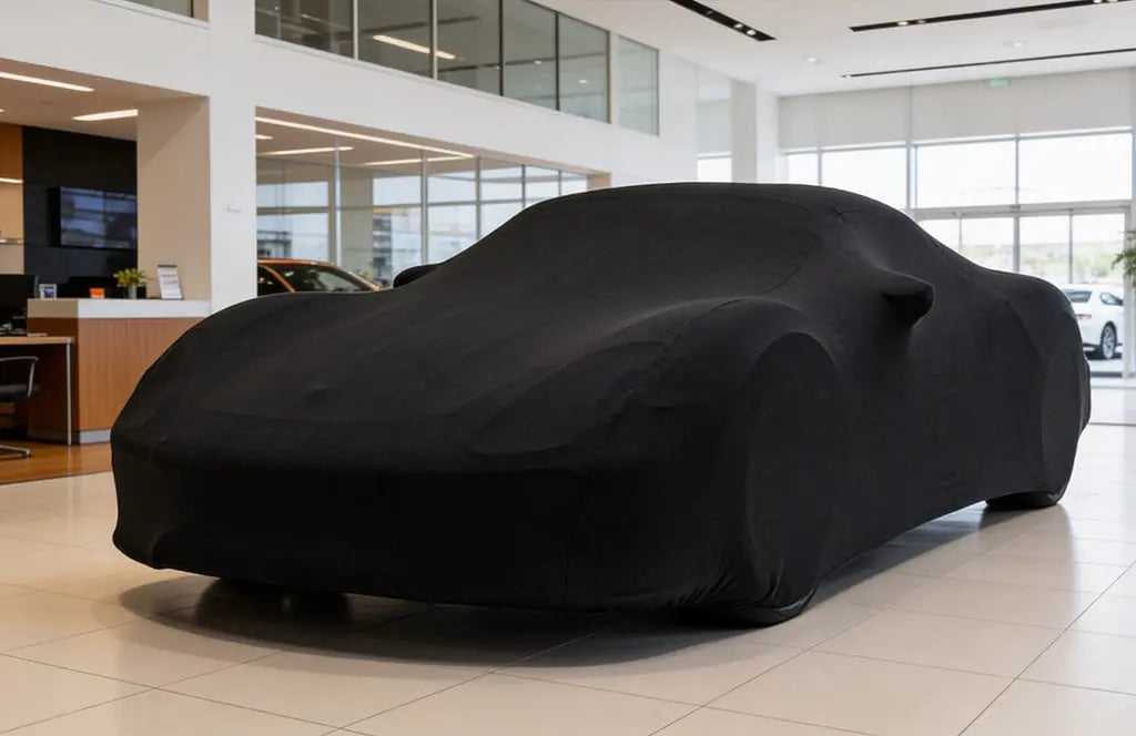 pictured is a Porsche 918 Spyder in a show room with a a black indoor car cover over the top