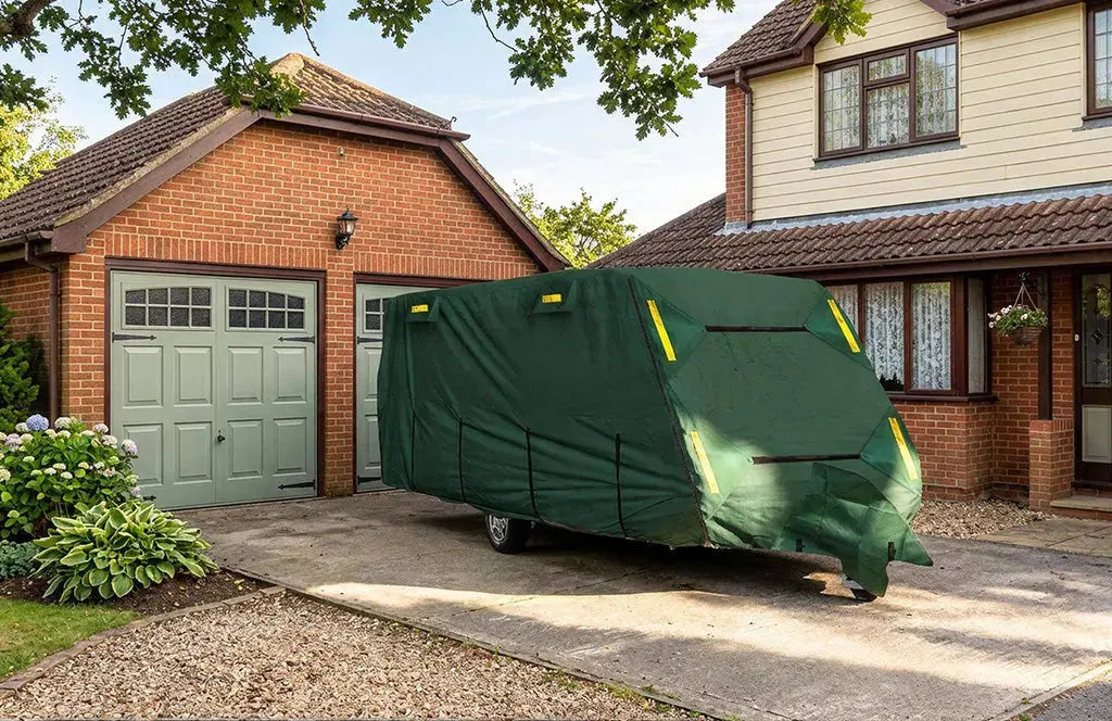 Caravan with a a green caravan cover over the top outside a house under a tree