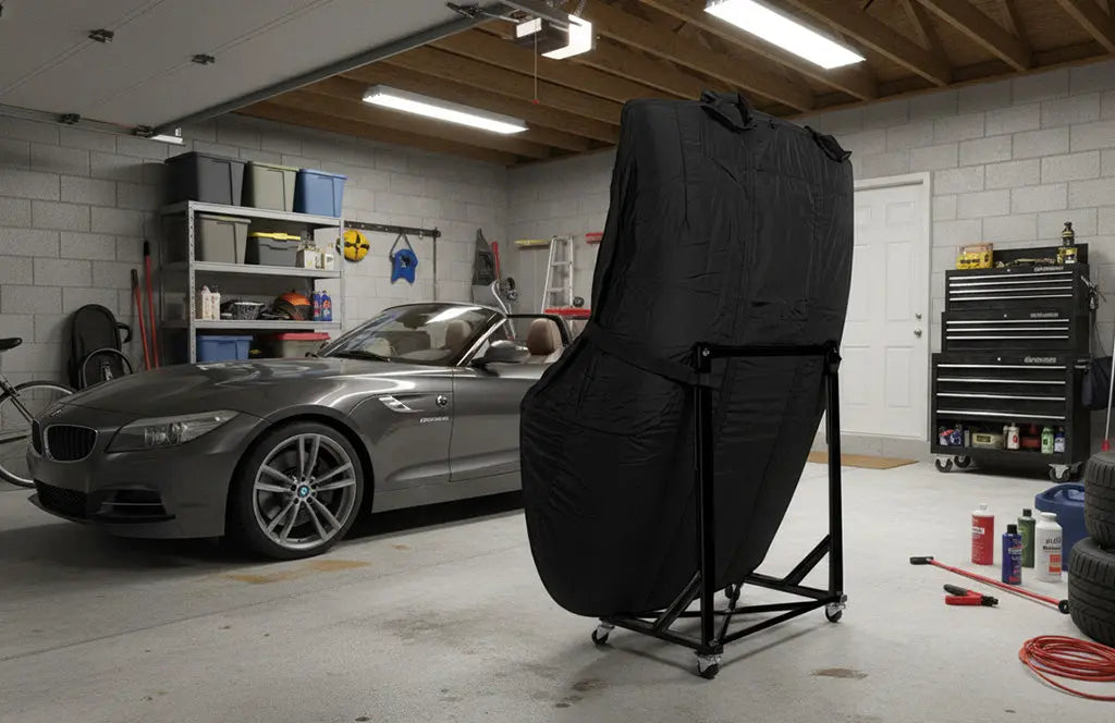 Hardtop Covers & Stand in a garage next to a convertible  