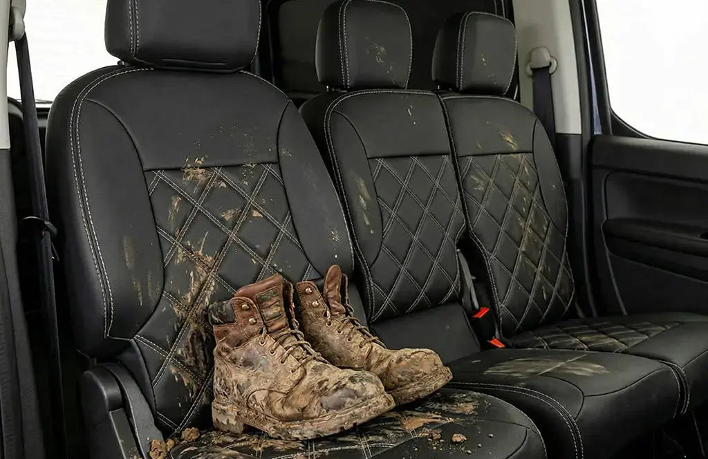 Van leatherette seat covers with muddy boots and mud on the seats to show they are wipeable 