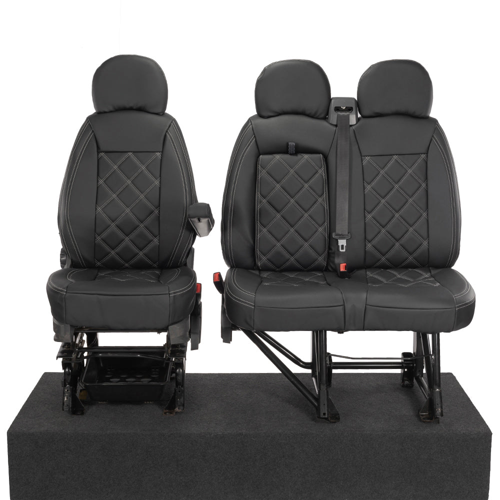 Fiat Ducato Leatherette Double Diamond Bentley Stitch Front Seat Covers (with tray) 2006-2022 Black - UK Custom Covers