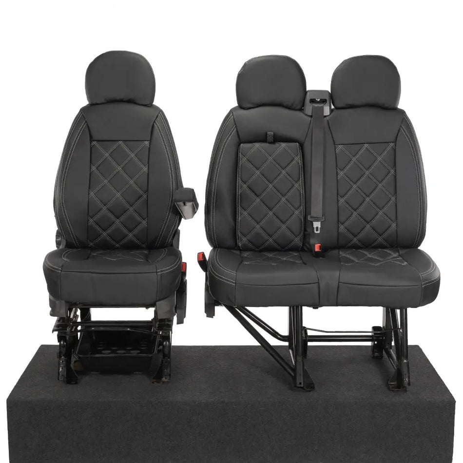 Peugeot Boxer Leatherette Double Diamond Bentley Stitch Front Seat Covers (with tray) 2006-2022 Black - UK Custom Covers