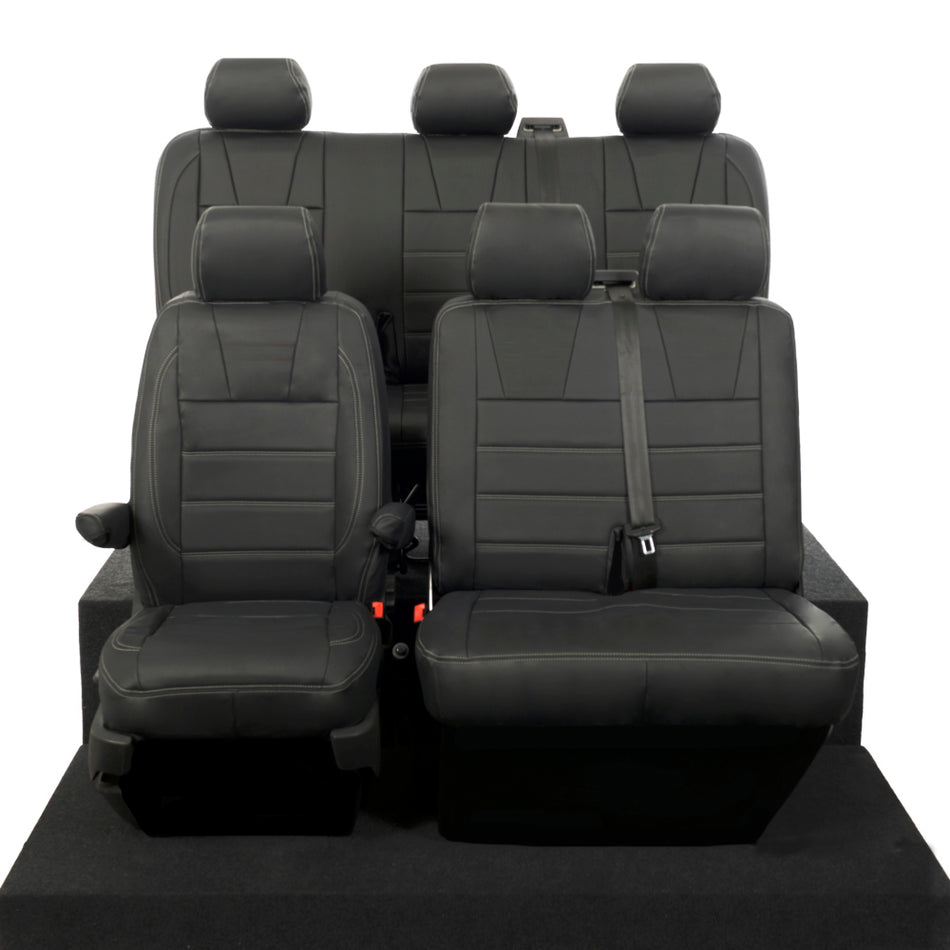 VW T5 / T5.1 Sportline Kombi Leatherette Front & Rear Seat Covers 3 Line Bentley Stitch (2003-2015) Black