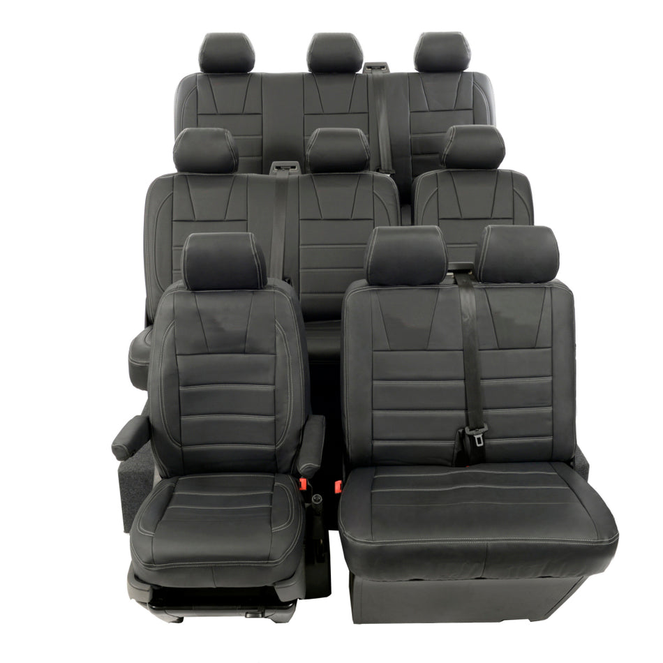 VW T5 / T5.1 Sportline Shuttle Leatherette Seat Covers Full Set 3 Line Bentley Stitch (2003-2015) Black