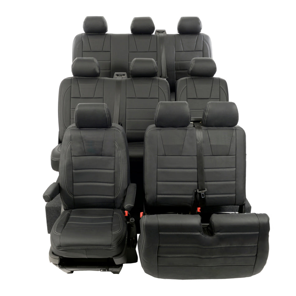 VW T6 / T6.1 Sportline Shuttle Leatherette Seat Covers Full Set 3 Line Bentley Stitch (2015 Onwards) Black