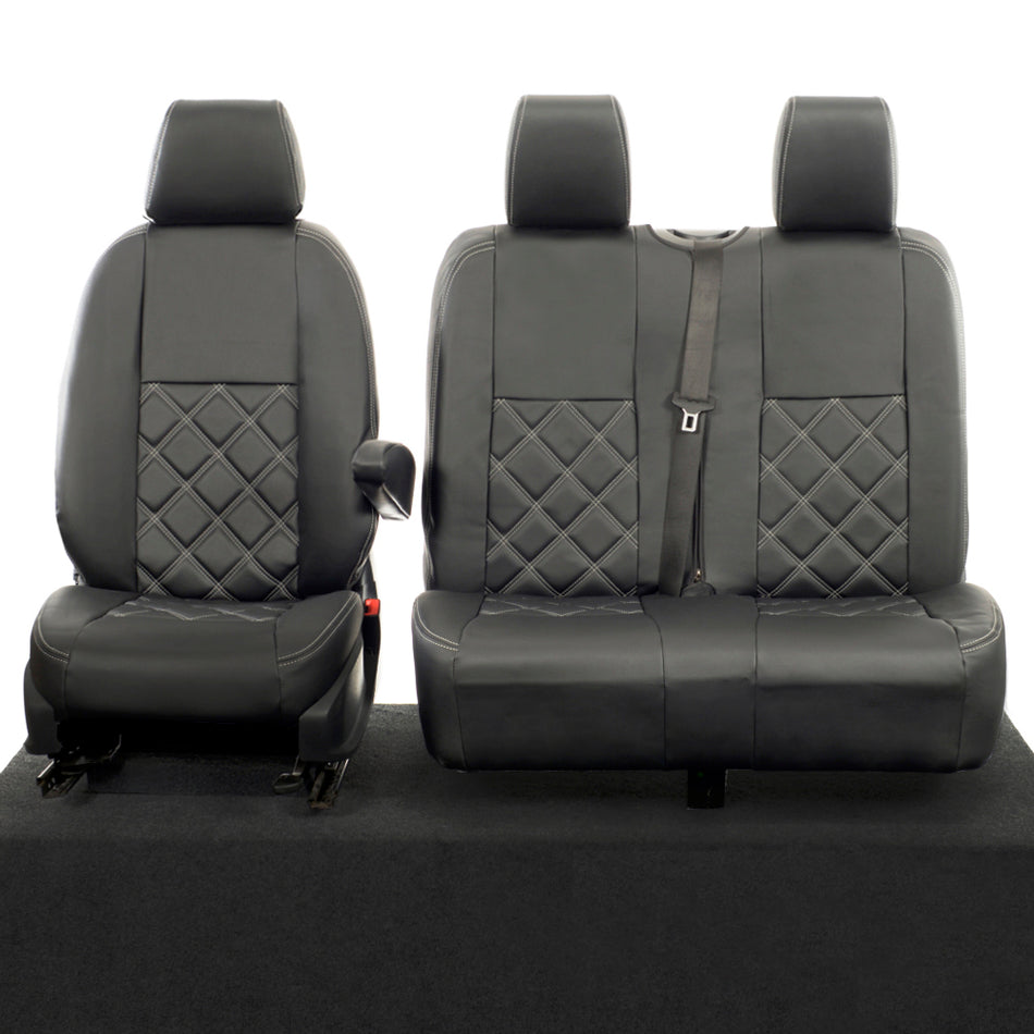 Mercedes Sprinter Leatherette Double Diamond Bentley Stitch Front Seat Covers (2018 Onwards) Black