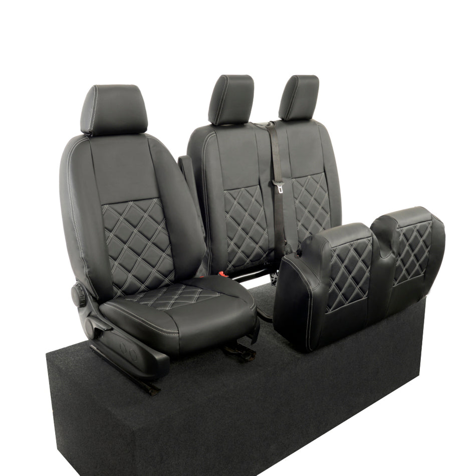 Mercedes Sprinter Leatherette Double Diamond Bentley Stitch Front Seat Covers (2018 Onwards) Black