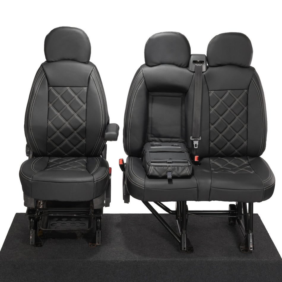 Peugeot Boxer Leatherette Double Diamond Bentley Stitch Front Seat Covers (with tray) 2006-2022 Black