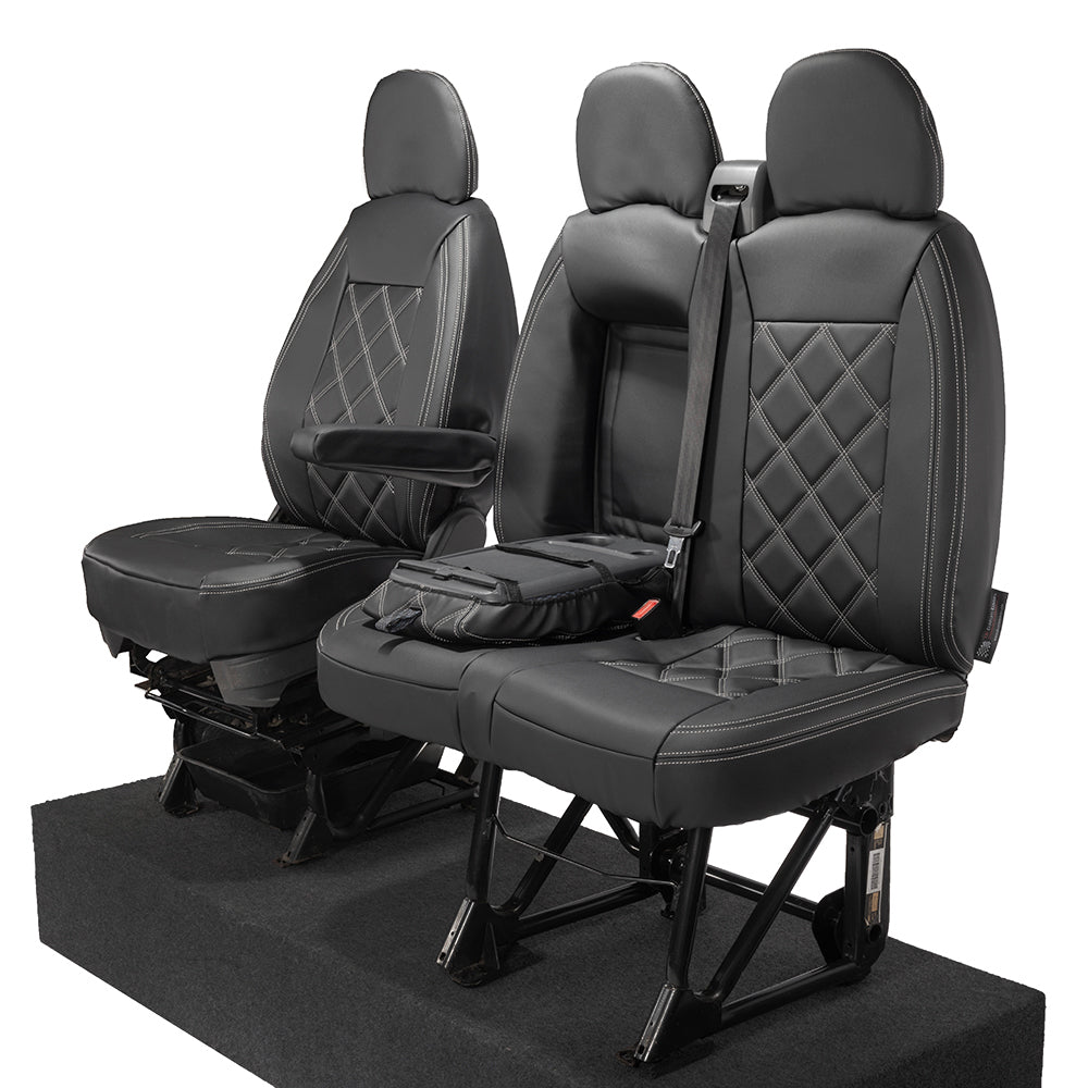 Fiat Ducato Leatherette Double Diamond Bentley Stitch Front Seat Covers (with tray) 2006-2022 Black - UK Custom Covers