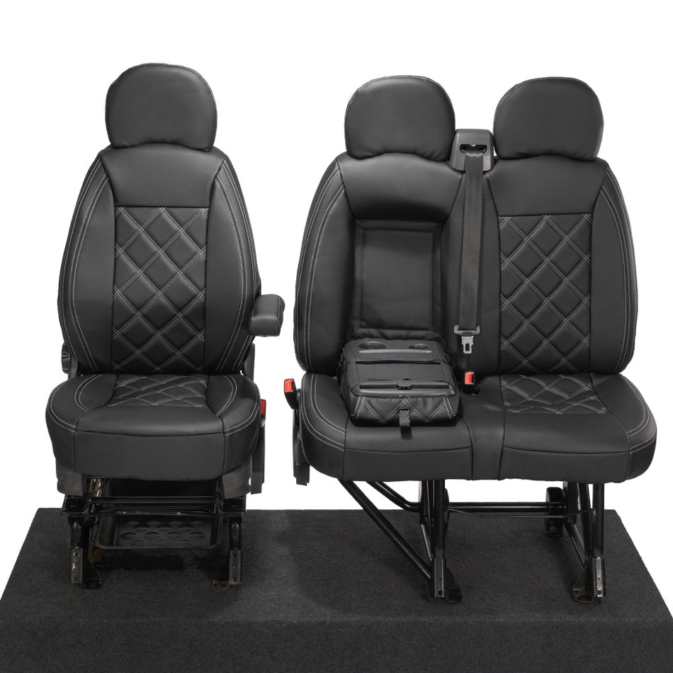 Fiat Ducato Leatherette Double Diamond Bentley Stitch Front Seat Covers (with tray) 2006-2022 Black - UK Custom Covers