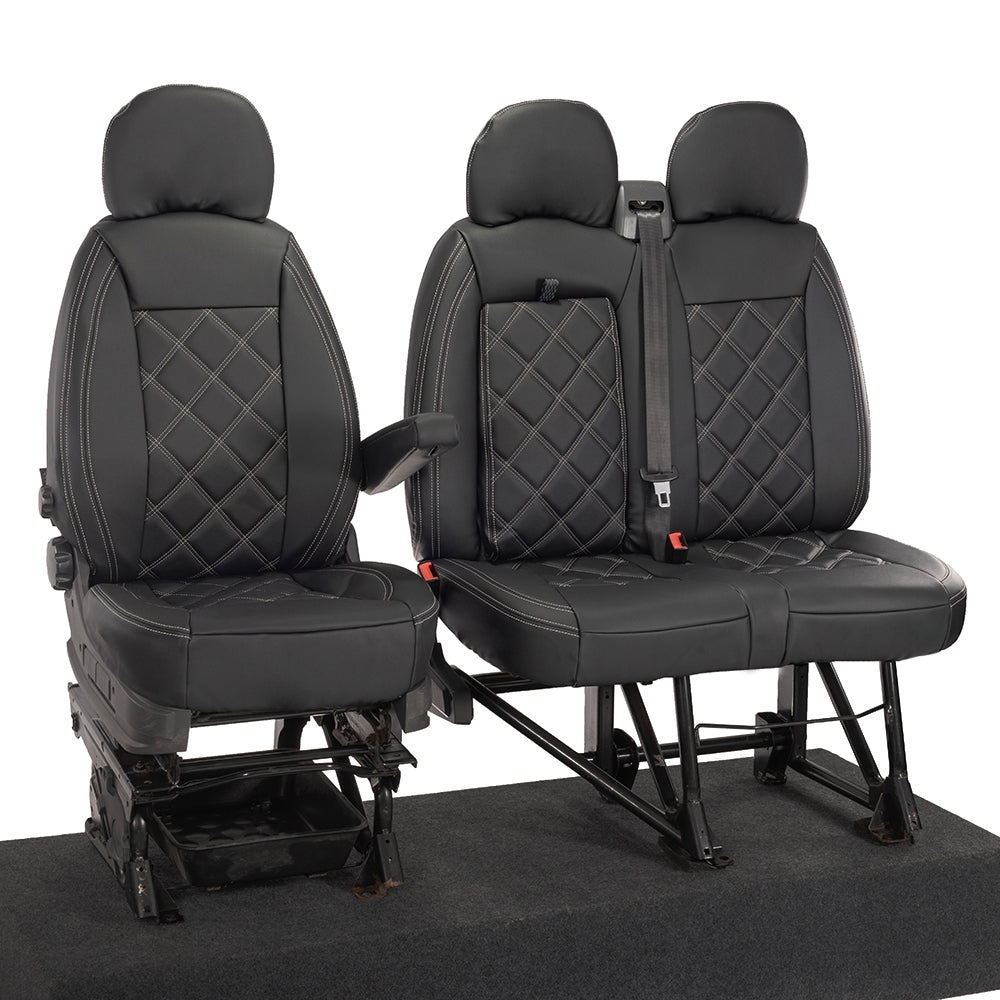 Citroen Relay Tailored Leatherette Double Diamond Bentley Stitch Front Seat Covers (with tray) 2006-2022 Black - UK Custom Covers