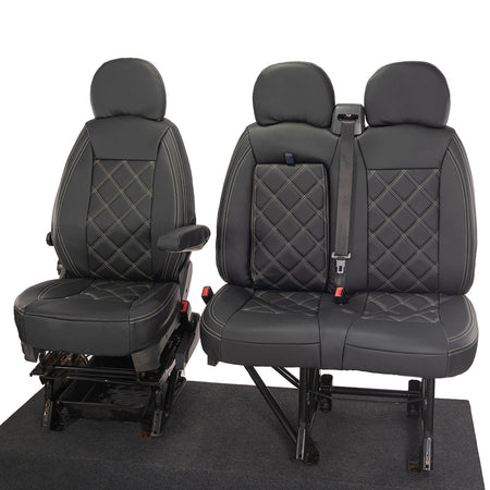 Fiat Ducato Leatherette Double Diamond Bentley Stitch Front Seat Covers (with tray) 2006-2022 Black - UK Custom Covers