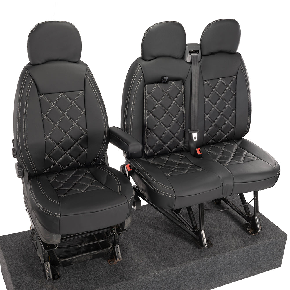 Citroen Relay Tailored Leatherette Double Diamond Bentley Stitch Front Seat Covers (with tray) 2006-2022 Black - UK Custom Covers