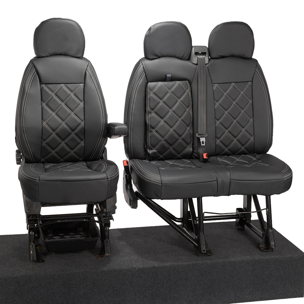 Citroen Relay Tailored Leatherette Double Diamond Bentley Stitch Front Seat Covers (with tray) 2006-2022 Black - UK Custom Covers