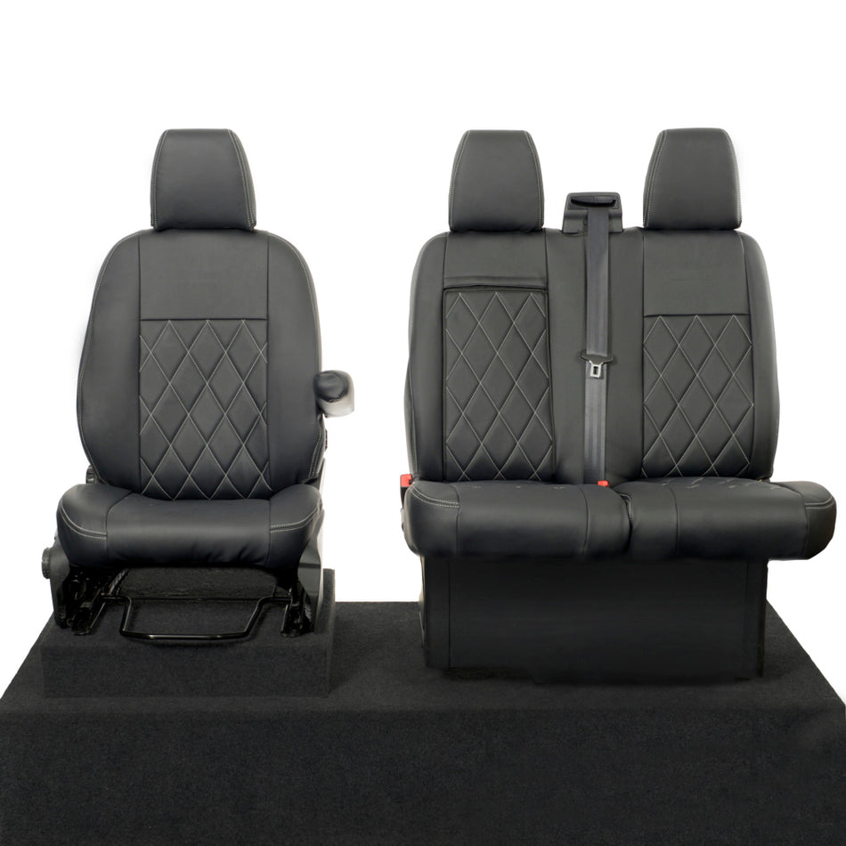 Ford Transit Van MK8 Leatherette Single Diamond Bentley Stitch Front Seat Covers (Single/Double with Tray) 2014 Onwards Black