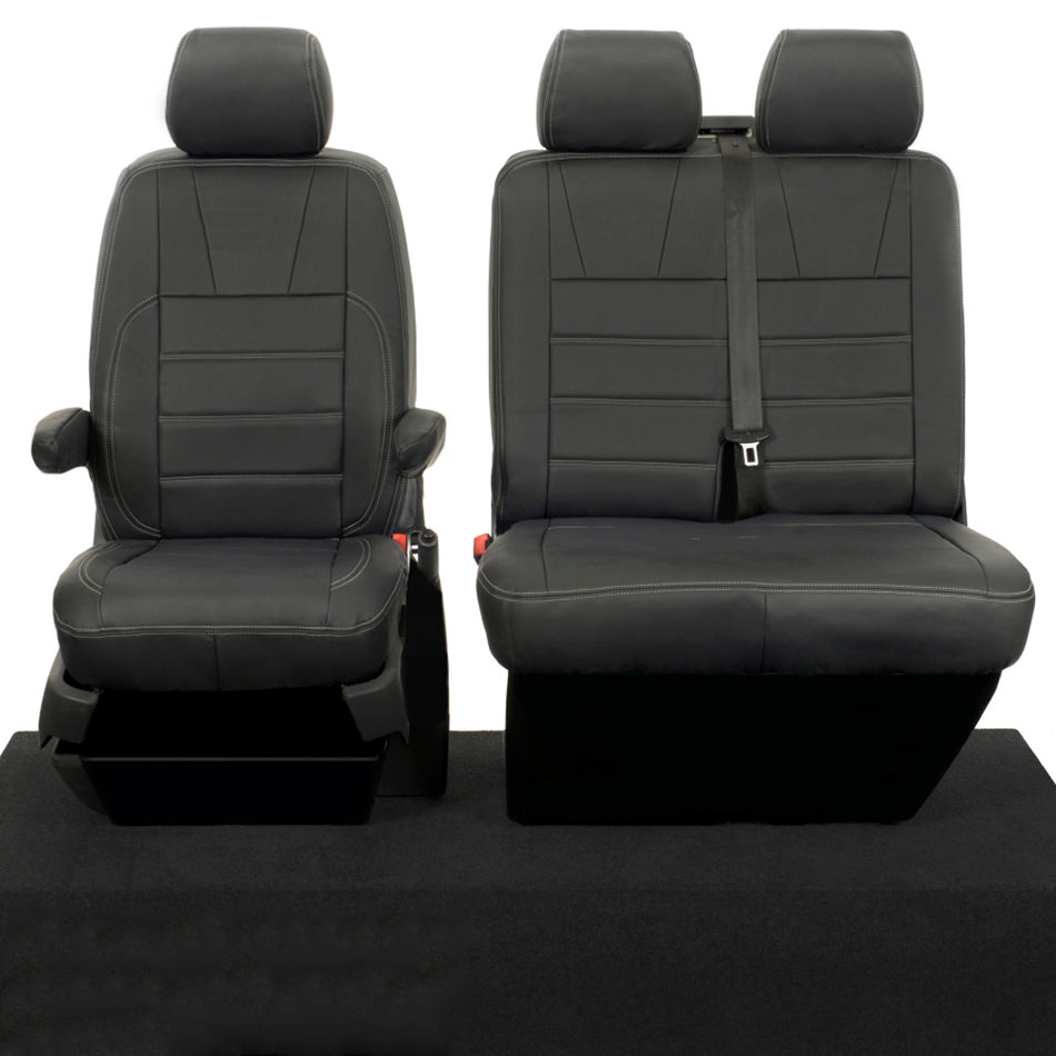 VW T6 / T6.1 Sportline Leatherette Front Seat Covers 3 Line Bentley Stitch (2015 Onwards) Black