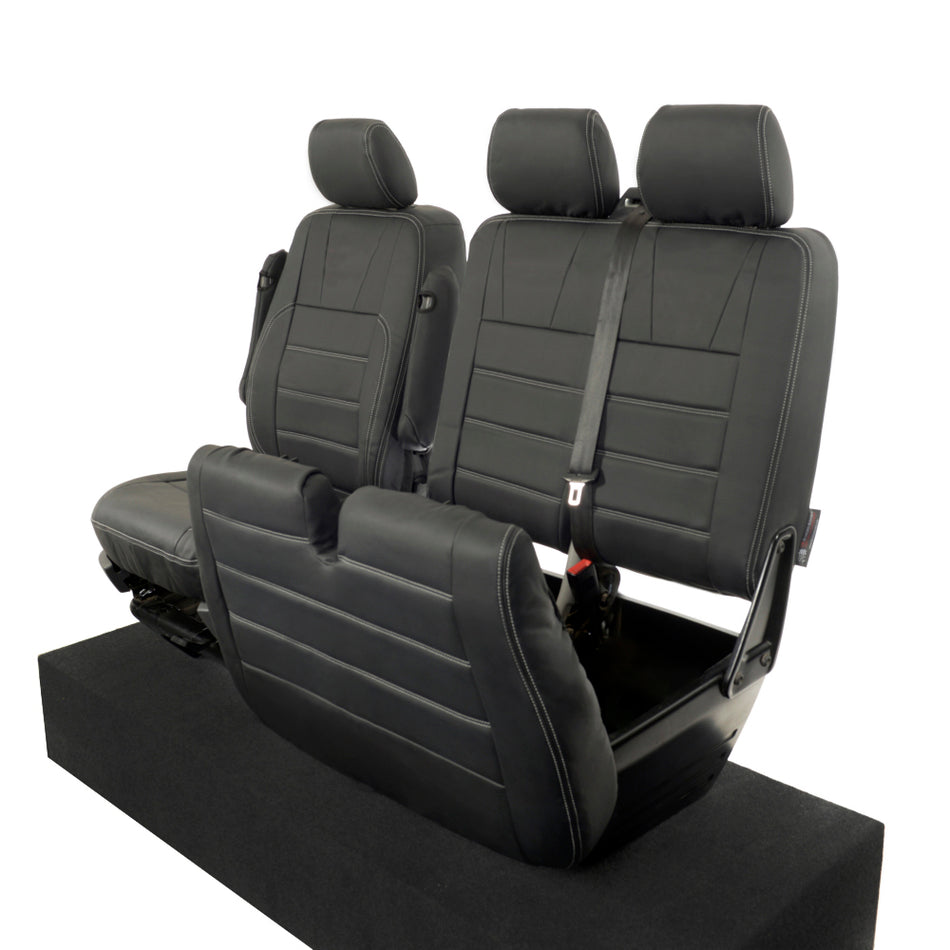 VW T6 / T6.1 Sportline Leatherette Front Seat Covers 3 Line Bentley Stitch (2015 Onwards) Black