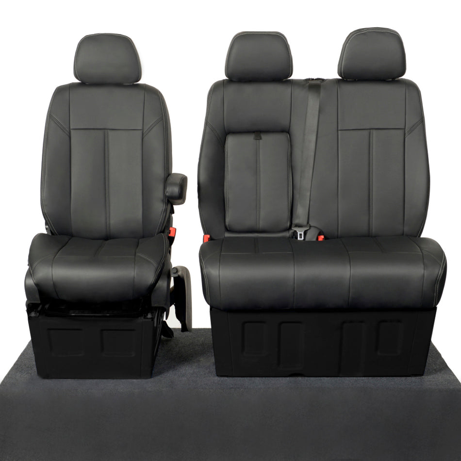 VW Crafter Leatherette Block Stitch Front Seat Covers (with tray & no split base) 2006-2017 Black