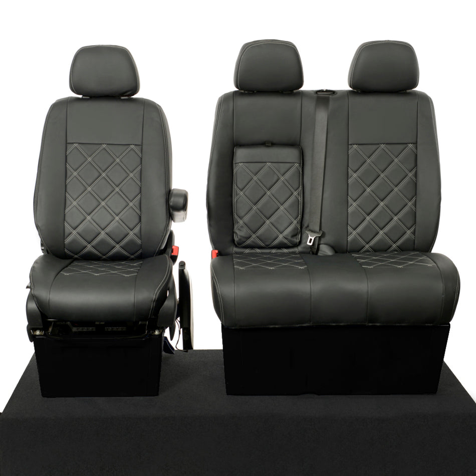 VW Crafter Leatherette Double Diamond Bentley Stitch Front Seat Covers (with tray & no split base) 2006-2017 Black